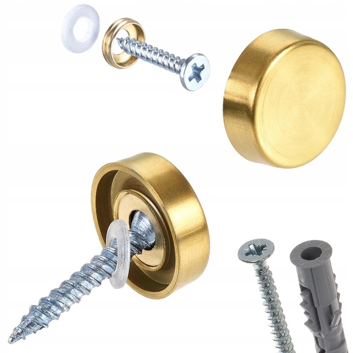 MOCOWANIE LUSTRA SZKŁA ZESTAW ZAŚLEPKI MASKOWNICE WKRĘTY ZŁOTE 25MM 4SZT