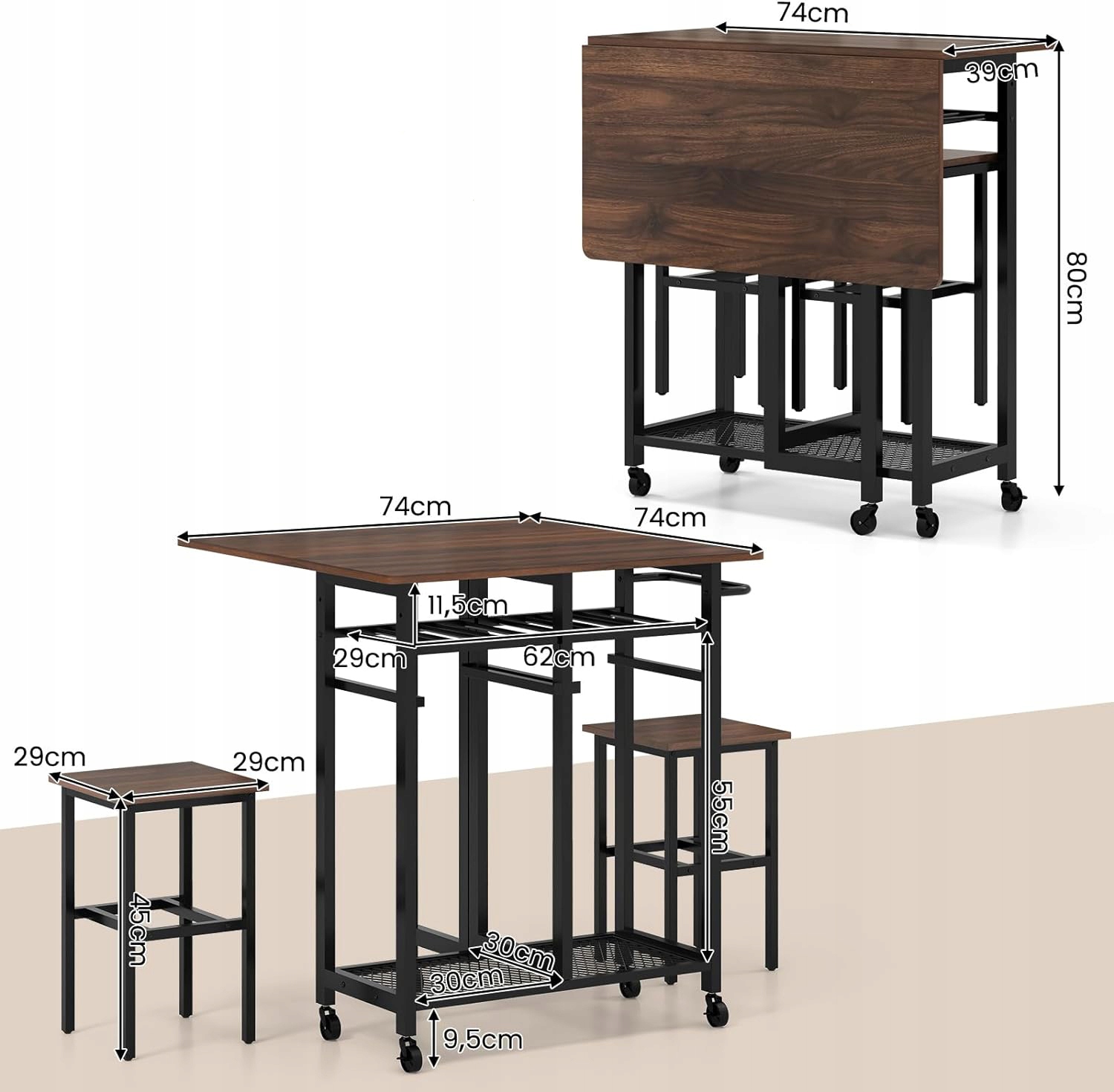 3-częściowy składany stół do jadalni ze stojakiem brązowy czarny EAN (GTIN) 0033616071157