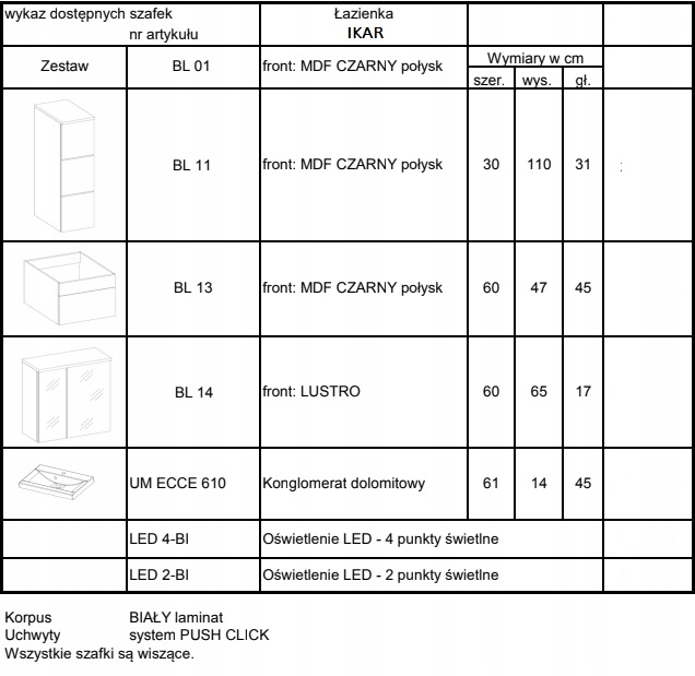 Meble łazienkowe IKAR czarny / lustro / LED. Wenge Kolor frontów czarny