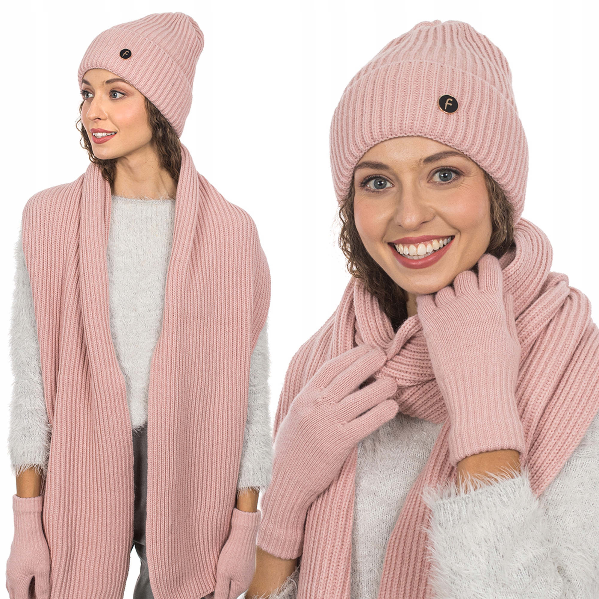 Pudrový komplet Čepice Šála Rukavice 3v1 Zimní Teplá sada
