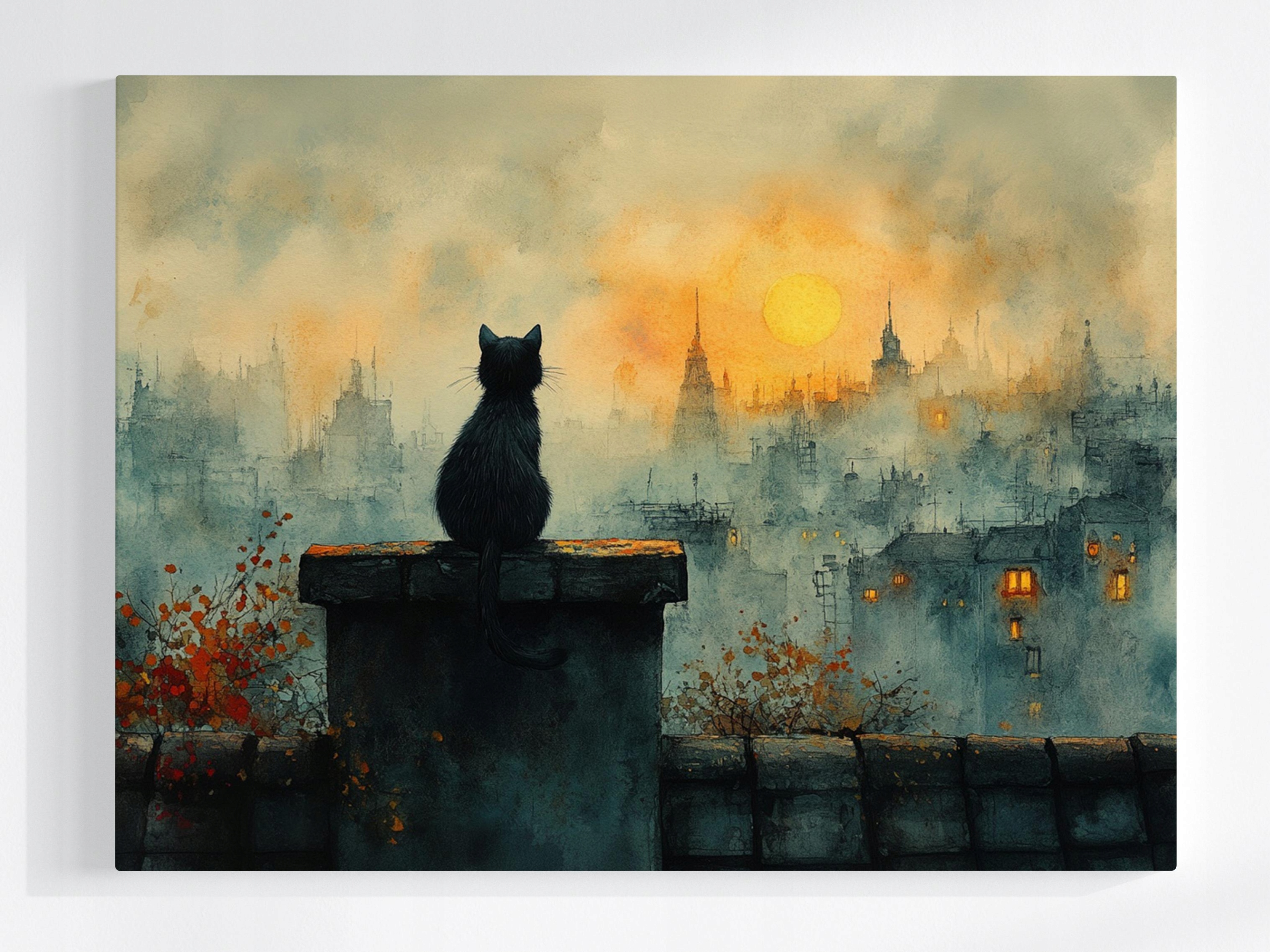 Obraz Na Plátně Canvas Město Pohled Černá Kočka Kotě Pozorovatel 100x75