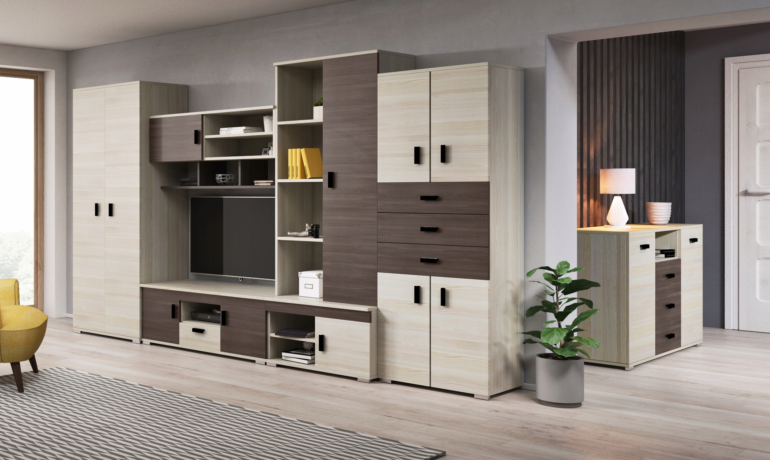 Meblościanka JOGA 350cm WITRYNA RTV JESION Kolor frontów jesion