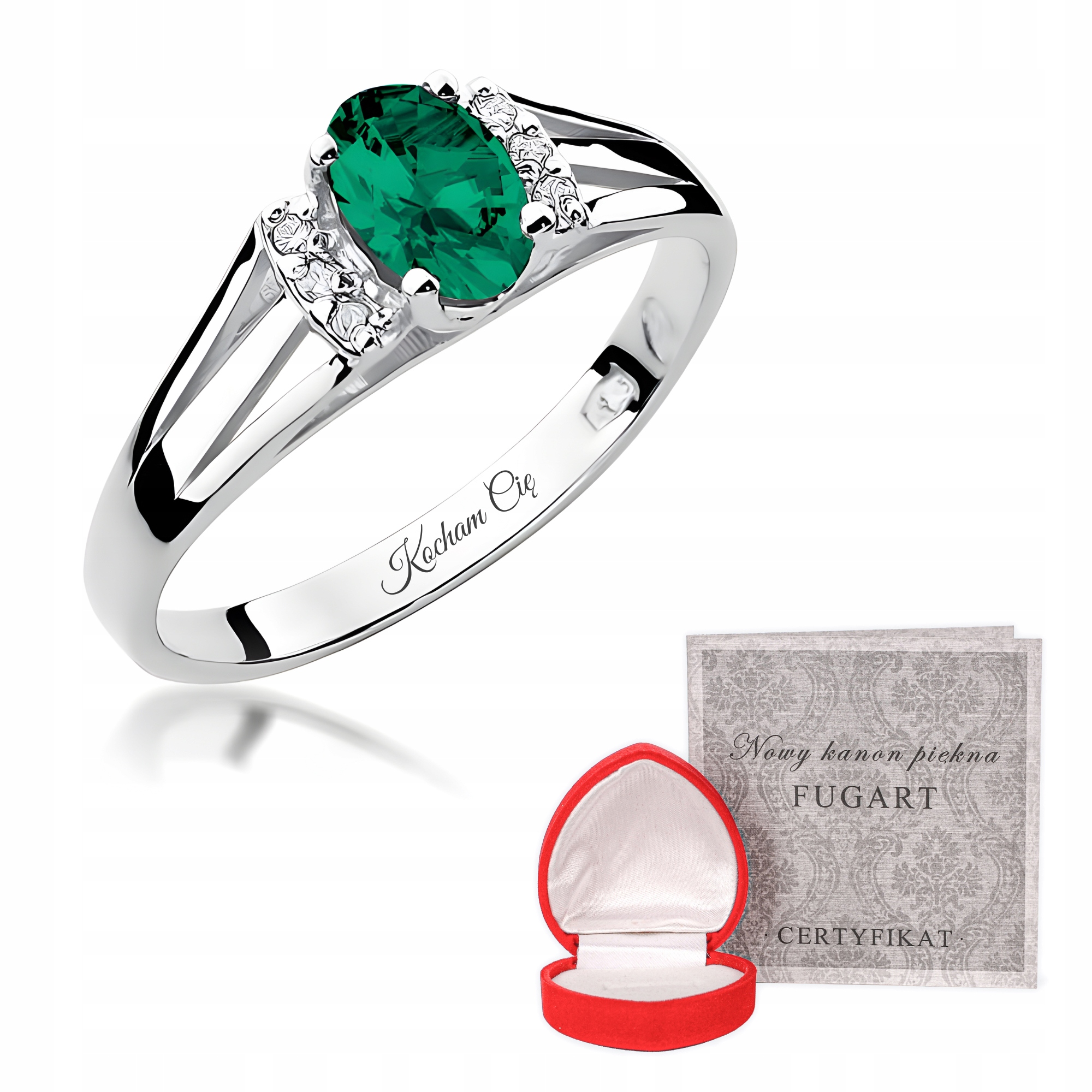 Prstýnek Prsten S Diamanty A Smaragdem Z Bílého Zlata S Gravírování r13