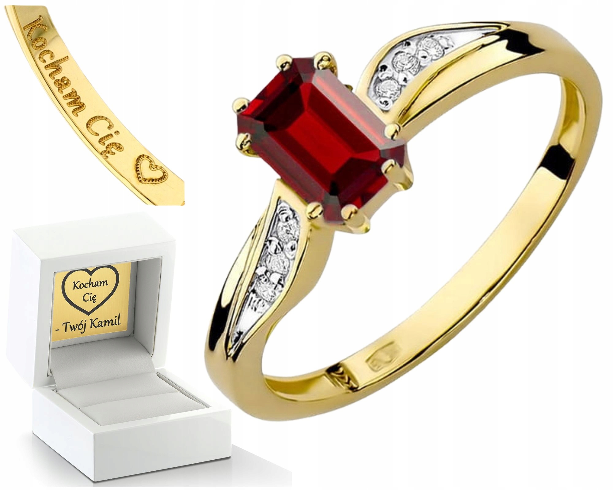 Dárek Prstýnek S Červeným Rubínem A Diamanty, Gravírování Do Zlata 585