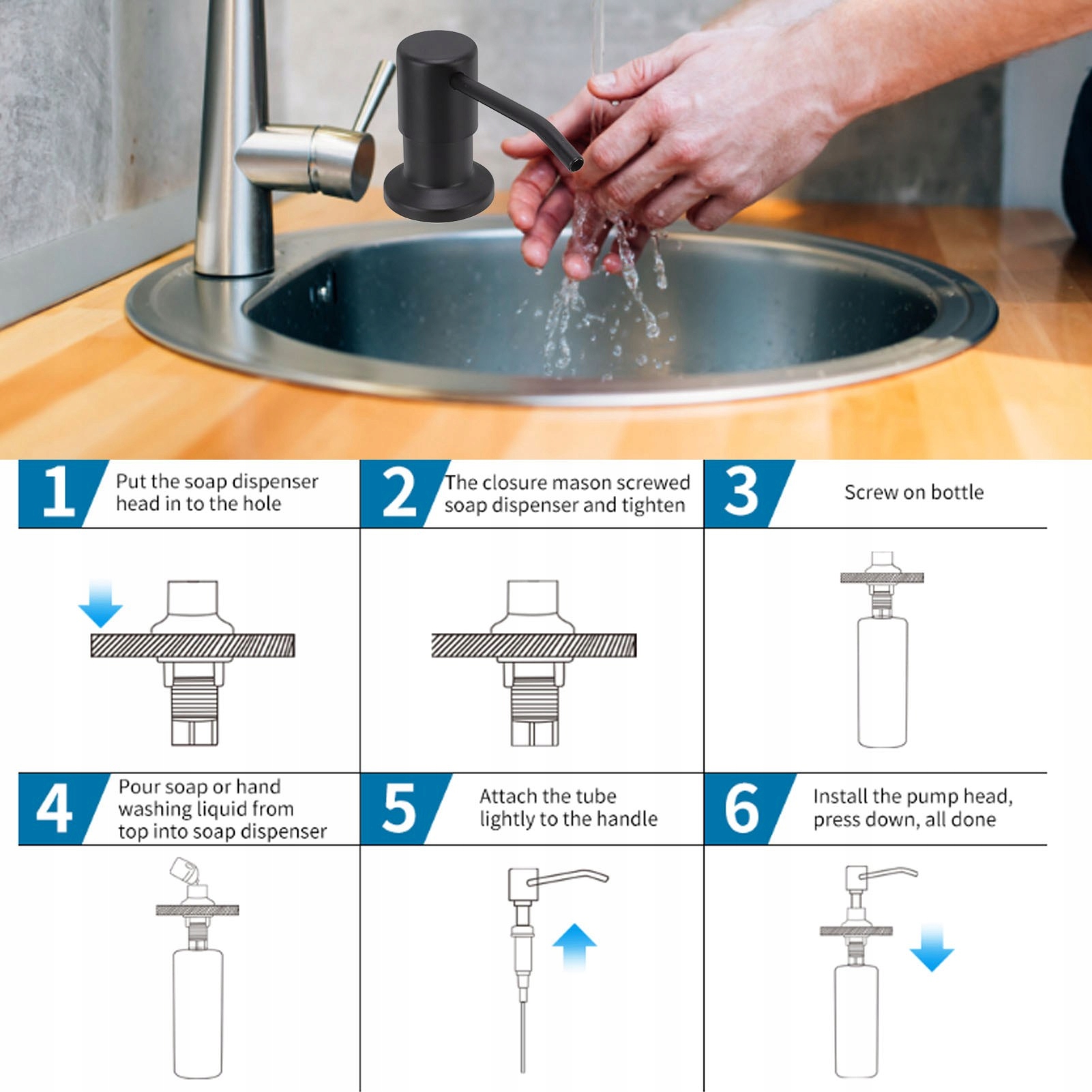 DOZOWNIK NA PŁYN DO NACZYŃ MYDŁO STAL NIERDZEWNA Kolor pompki czarny