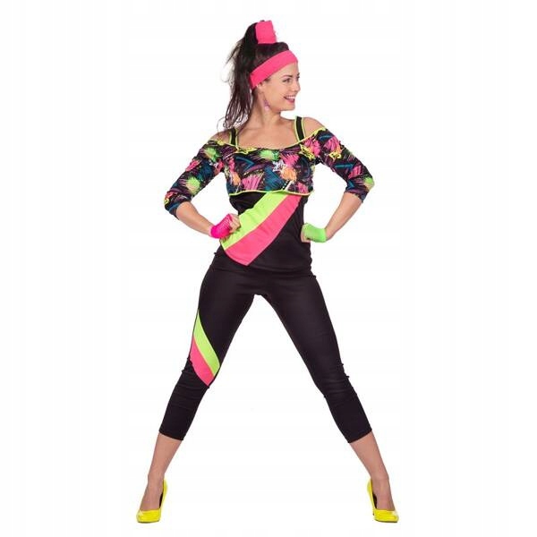Kostým fitness kostým na aerobik, 80. léta, černý neonový Karneval , velikost M