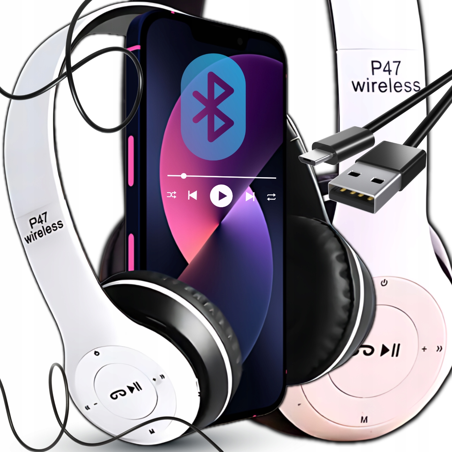 SŁUCHAWKI BEZPRZEWODOWE P47 BLUETOOTH Z MIKROFONEM NAUSZNE MP3 NA PREZENT