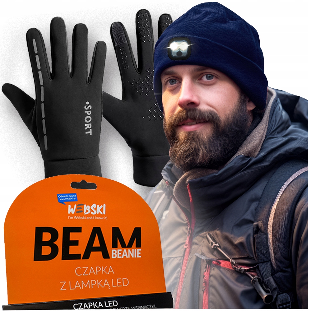 Czapka DLA MĘŻA CHŁOPAKA Z ODBLASKIEM ŚWIATEŁKIEM LED+RĘKAWICZKI DOTYKOWE