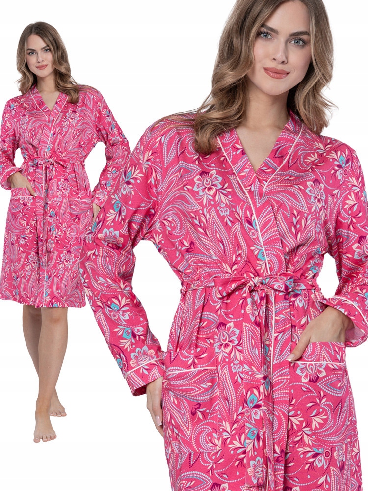 Leveza Wiera růžový dámský bavlněný župan s květinami, prémiová velikost XL
