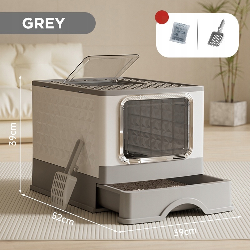 Levně Módní čtvercová Toaleta pro kočky s zásuvkou, filtrem a lopatkou 52×39×39 Cm