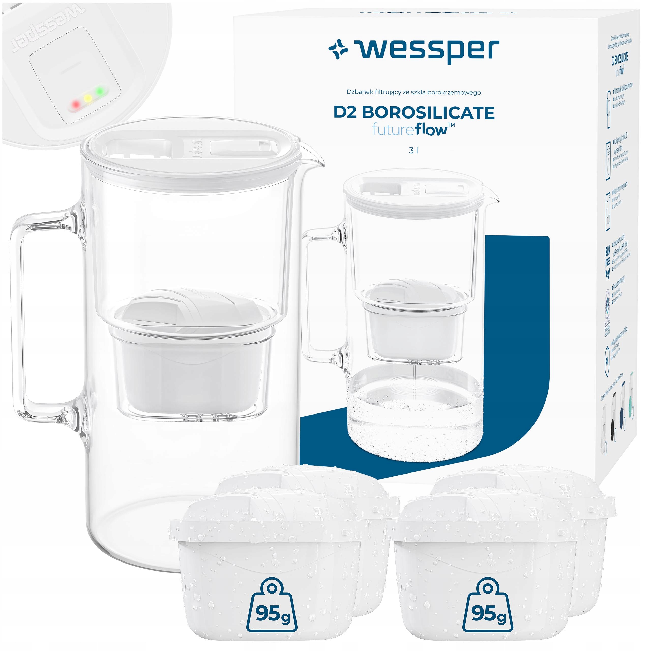 Skleněná filtrační konvice s Led počítadlem Wessper D2 Borosilicate 5x filtr