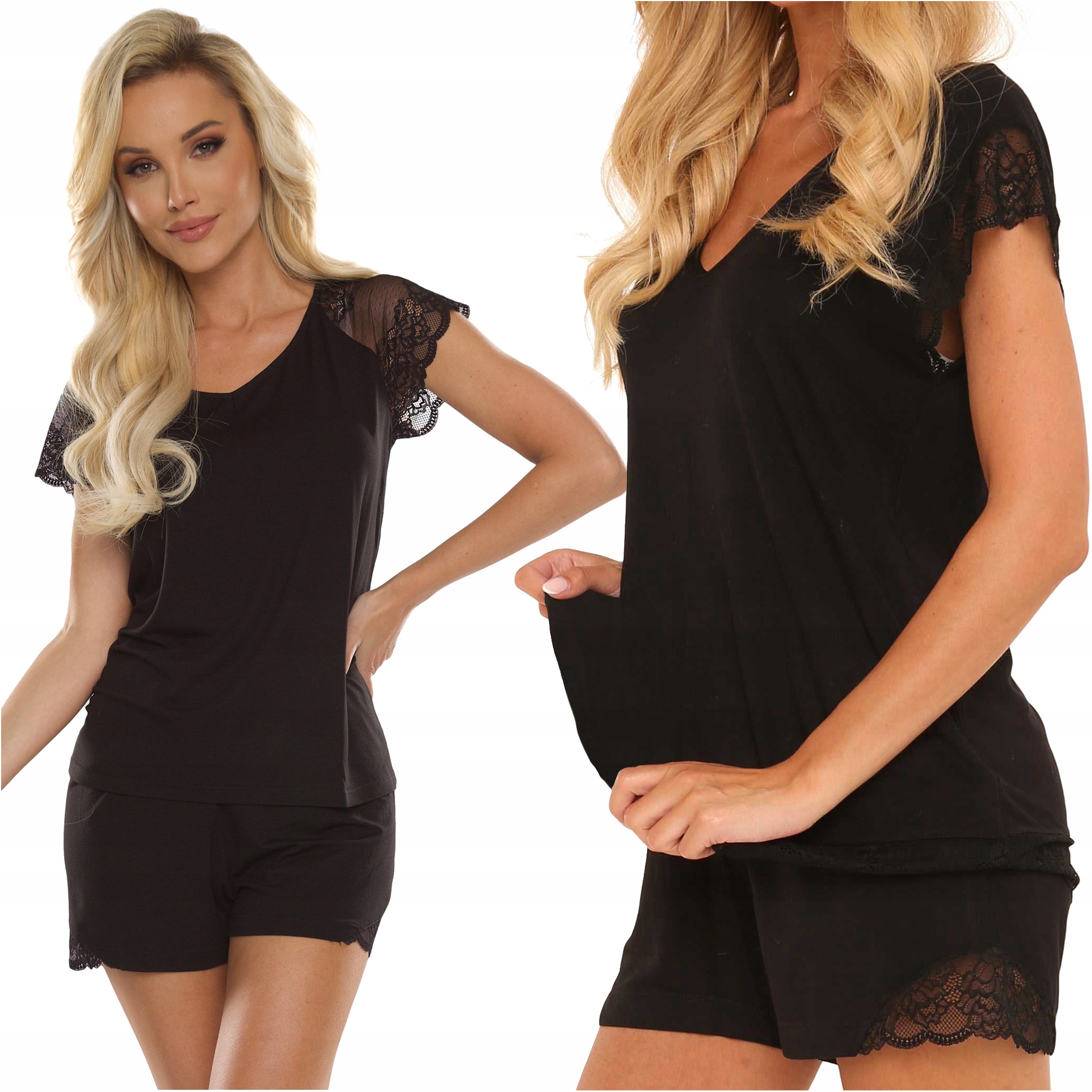 Piżama damska z wiskozy z koronką De Lafense Dagmara 625 czarna 4XL 48