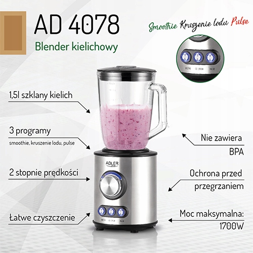 Blender Kielichowy AD 4078 1700W 2 Prędkości Szklany Dzbane