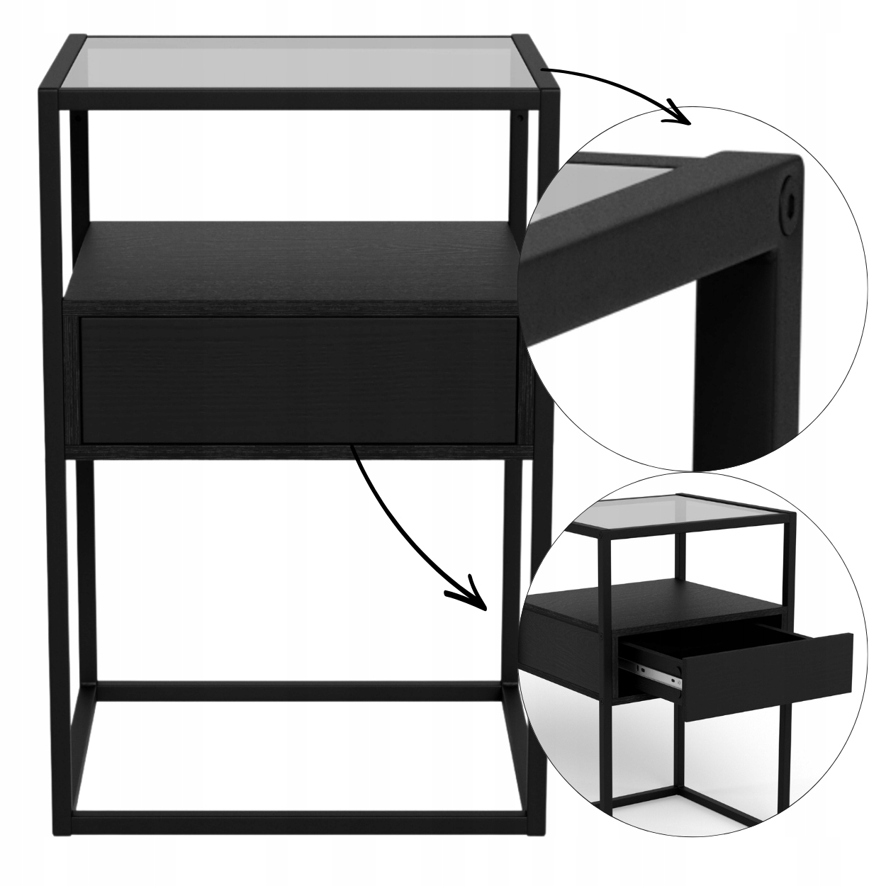 Čierny Nočná Skrinka So Zásuvkou, nočný stolík, kov, do spálne, sklenená doska
