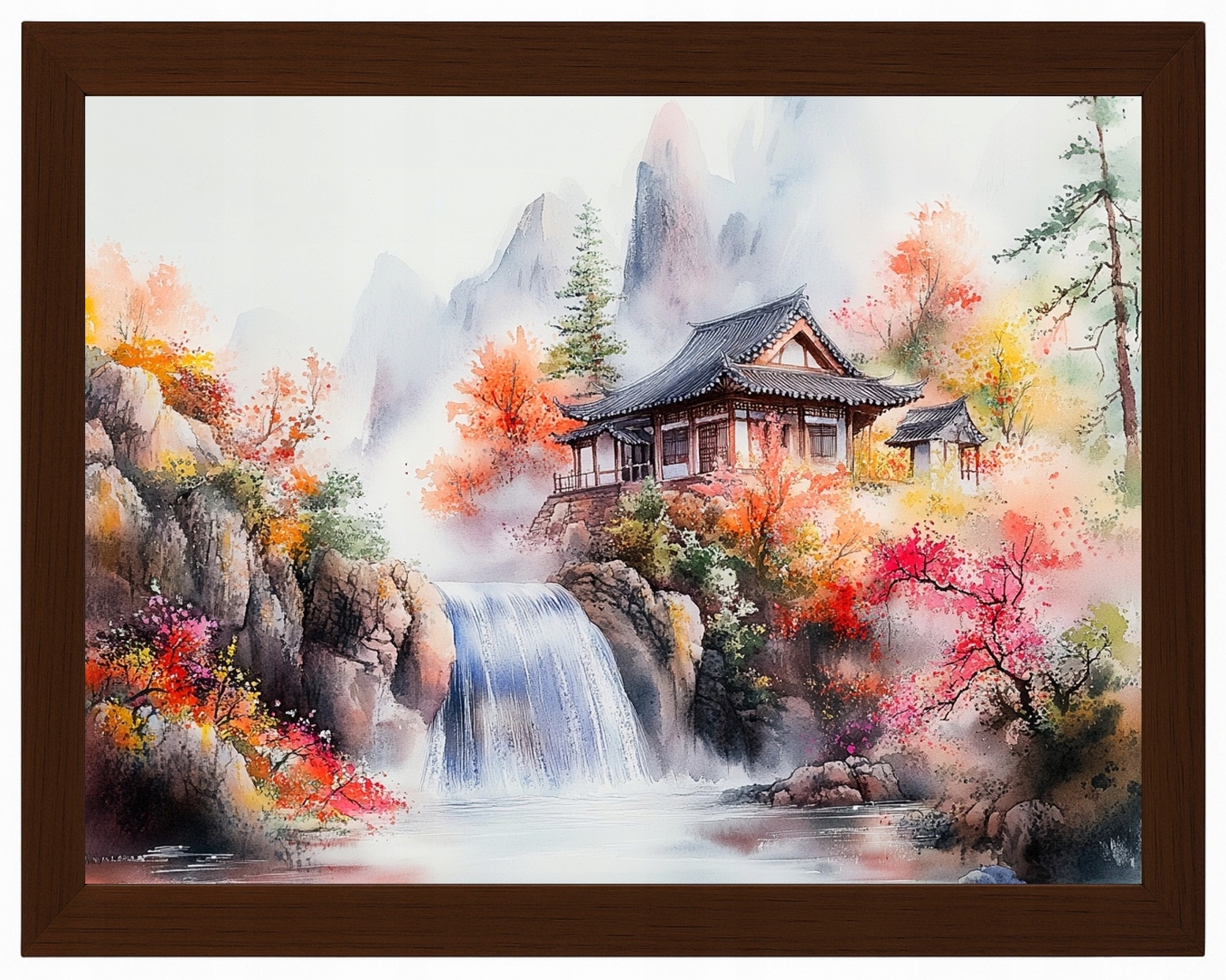 Plakát Rámeček Dřevo Krajina Orient Asie Japonsko Hory Vodopád Dům 80x60