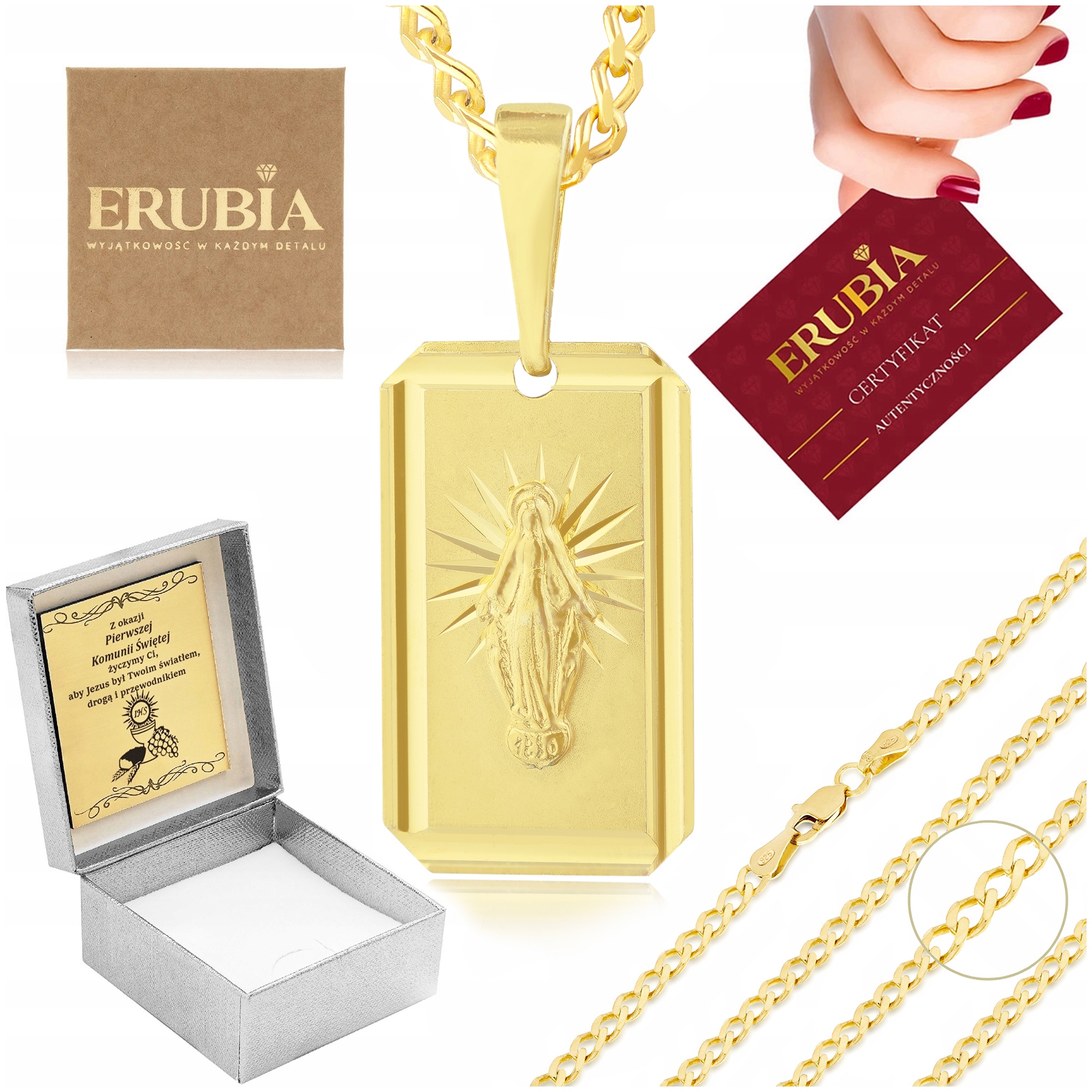 Krásný Zlatý Náhrdelník 585 925 Přívěsek Nádherný Medailon Matka Boží Gravírování