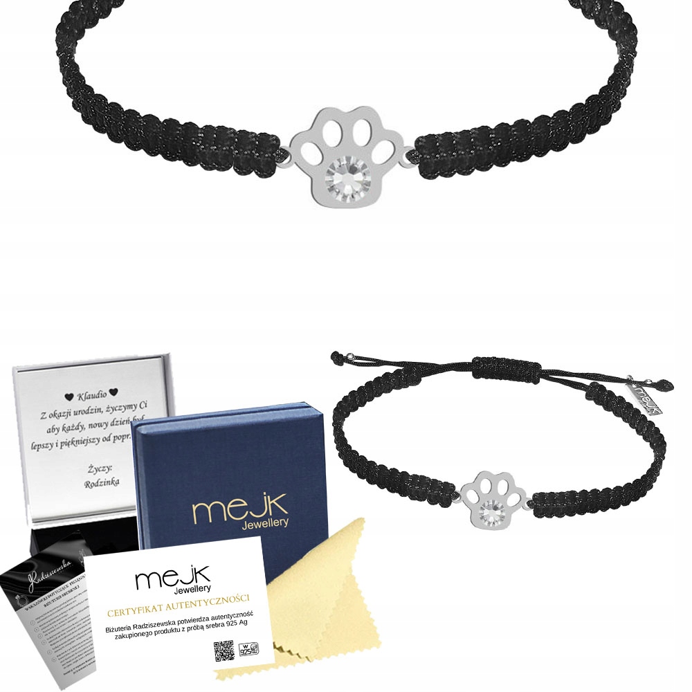Stříbrný náramek s tlapkou psa/kočky 925 Makramé šperk Dedikace Bonus