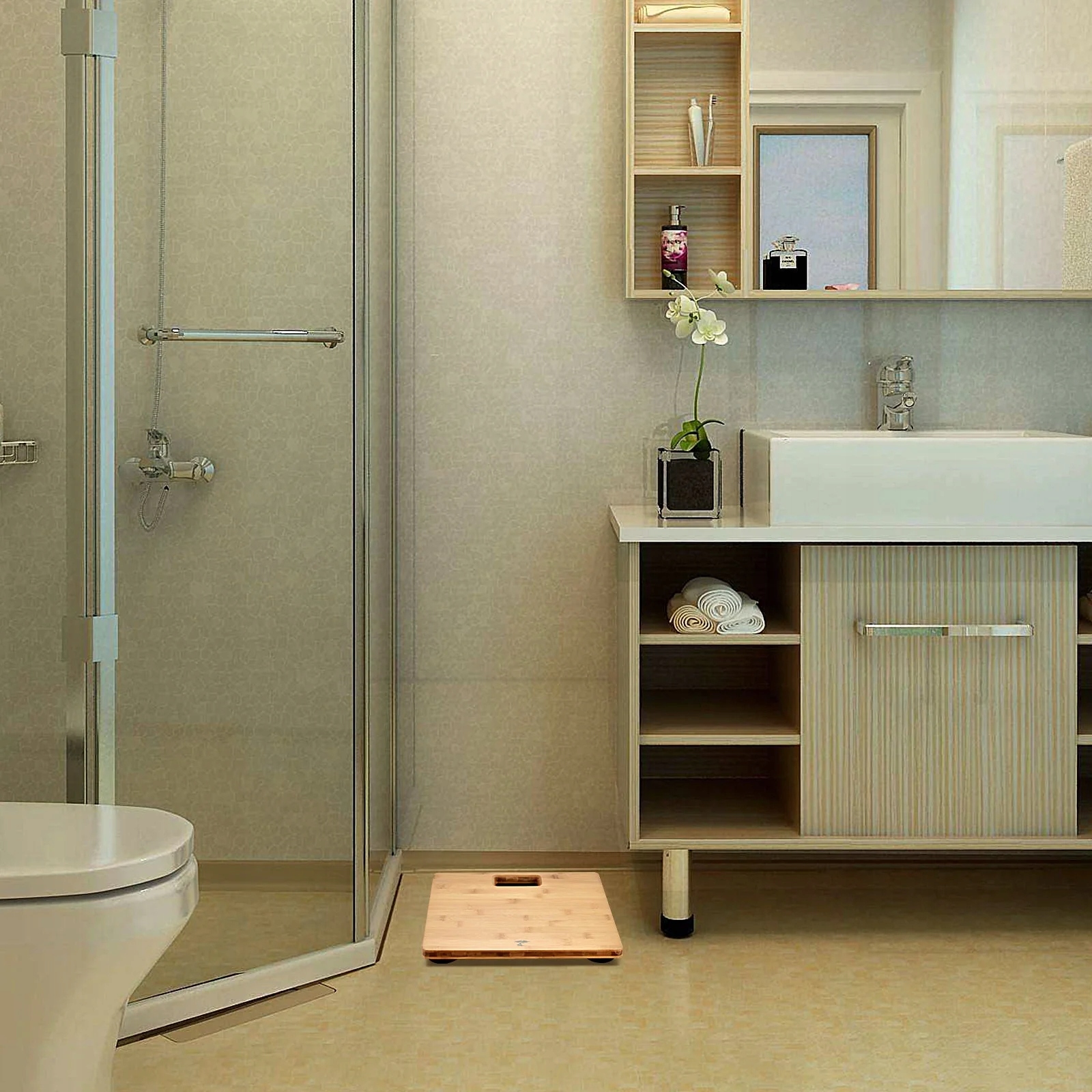 WAGA ŁAZIENKOWA BAMBUSOWA ELEKTRONICZNA DO 180 KG LCD TEMPERATURA CYFROWA Kolor dominujący beżowy/brązowy