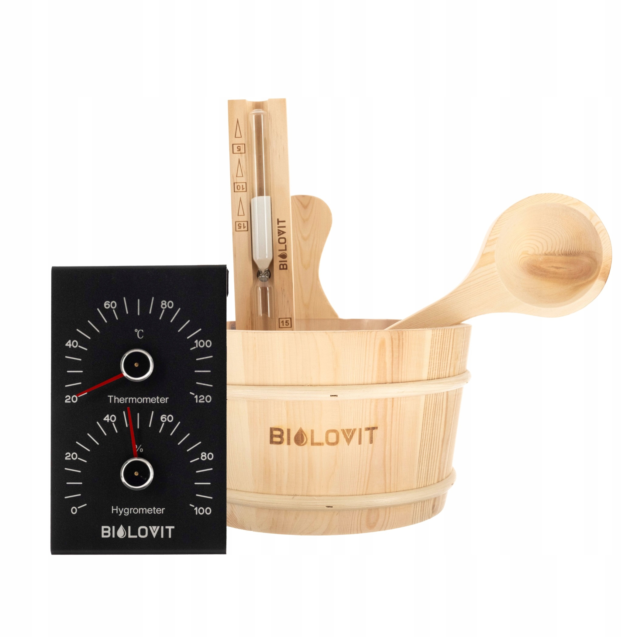 Bilovit Sada na saunu Vedro Teplomer Hygrometer Klepsydra Lyžica 4 el.