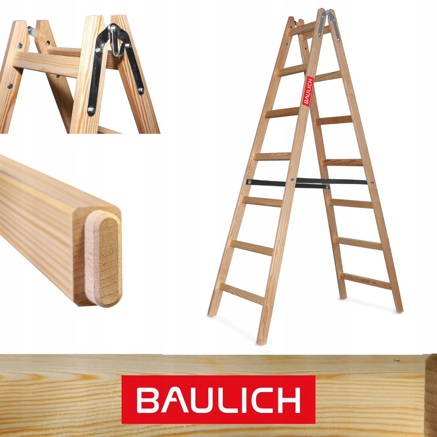 Drabina drewniana 2x7 malarska dwustronna rozstawna rozkładana Baulich