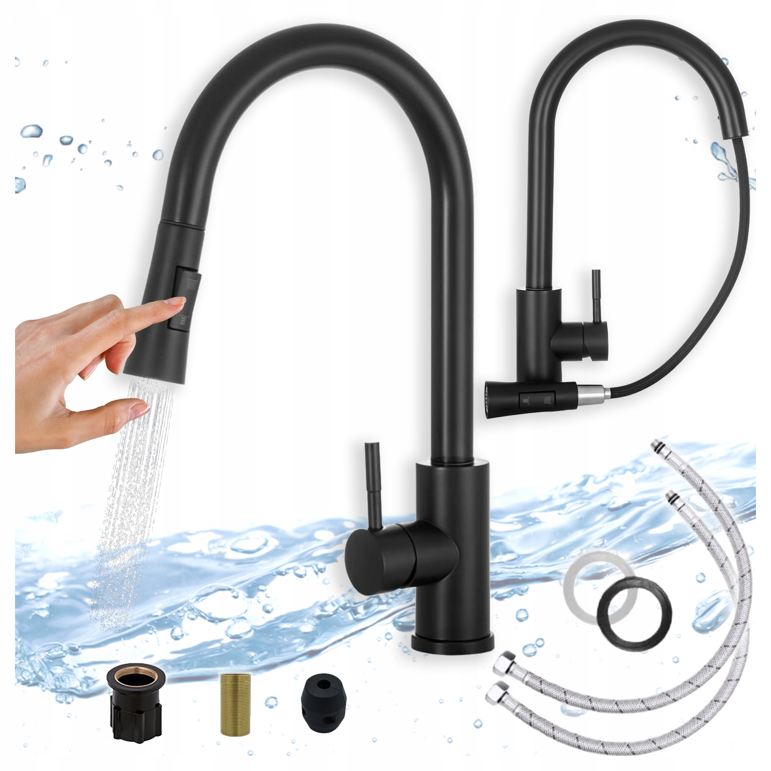 Kuchyňská baterie Černá s výsuvným výtokem Kuchyňský kohout Dvoufunkční Dřez