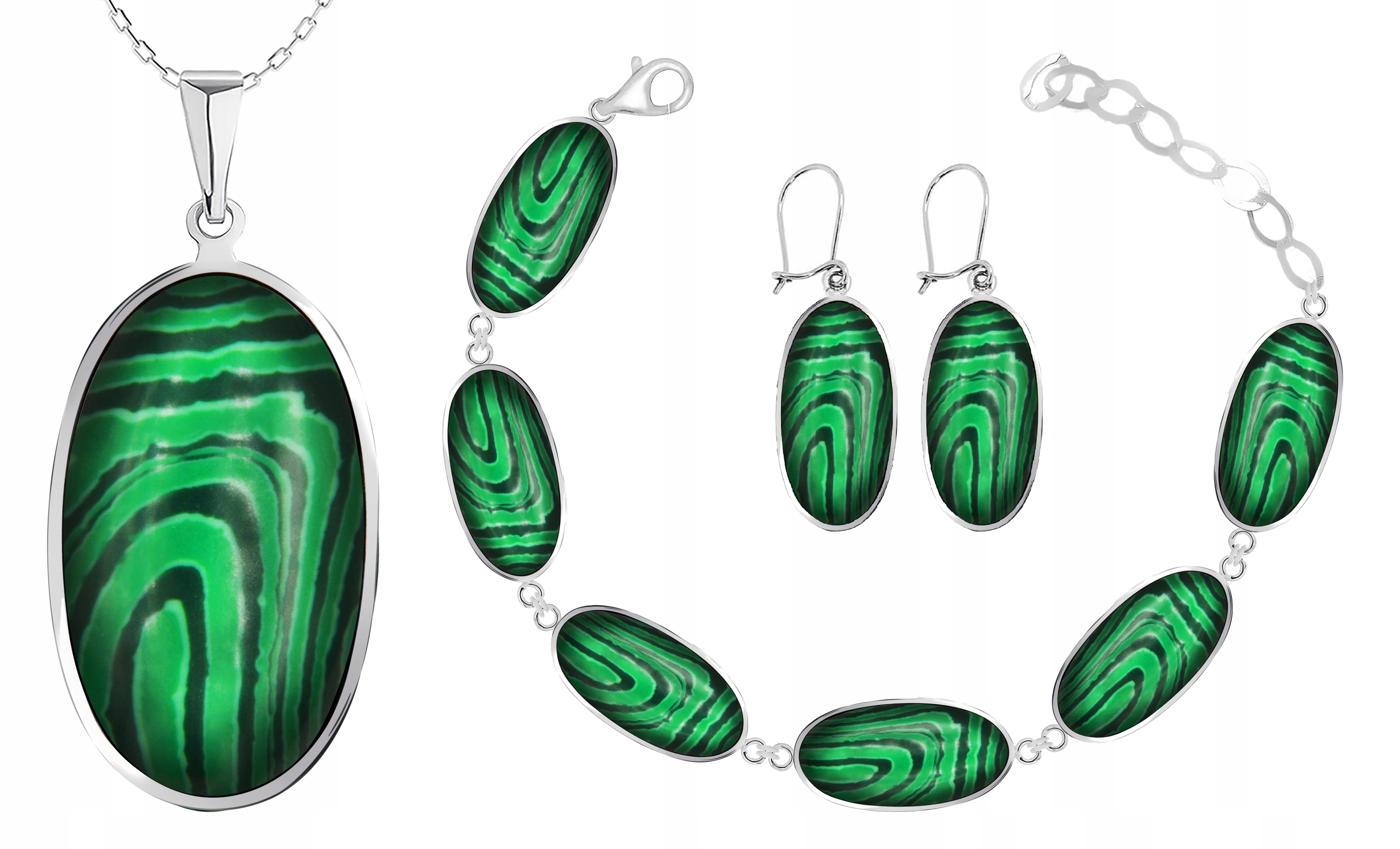 

Komplet Biżuterii Srebrnej Z Malachitami Pr.925!