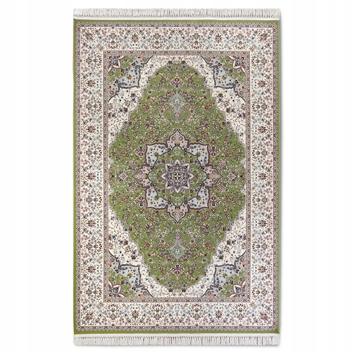 Tradičný koberec do obývačky 128x190c, klasický zeleno-krémový s strapcami