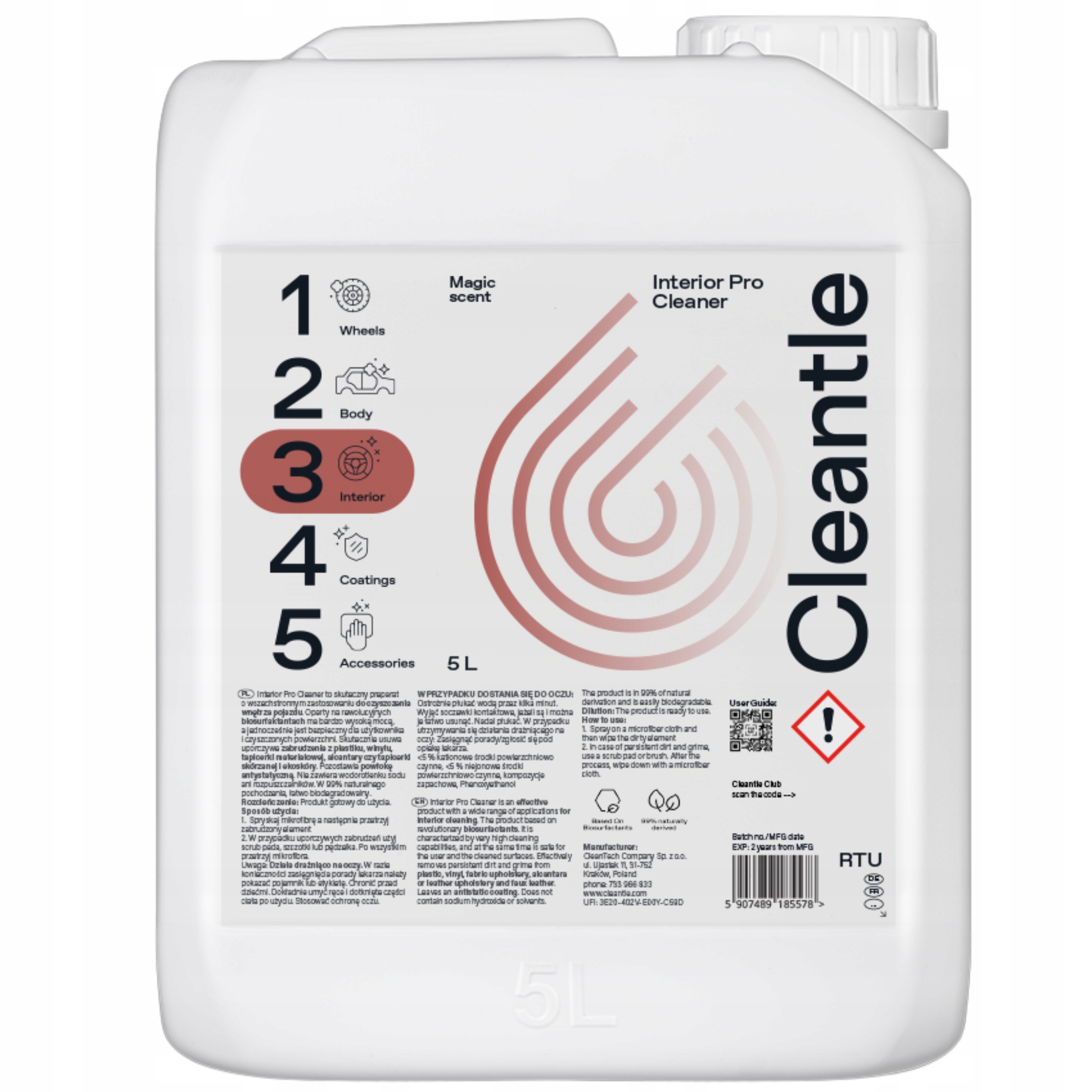CLEANTLE _ PŁYN DO CZYSZCZENIA WNĘTRZA AUTA INTERIOR PRO CLEANER 5L Numer katalogowy producenta IPC5L
