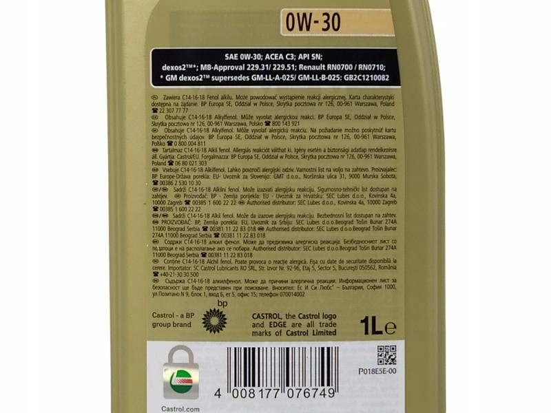 CASTROL EDGE 0W30 API SN ACEA C3 9L Klasa lepkości SAE 0W-30