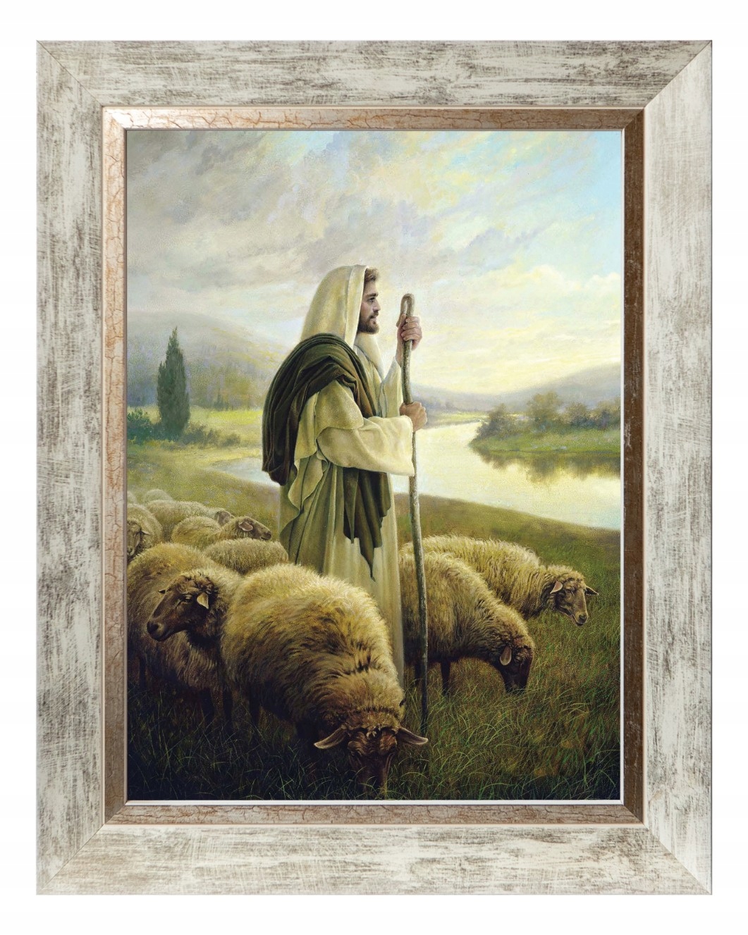 Ježíš Pastýř Sakrální Obraz Na Plátně V Bílém Zdobeném Rámu 30X40