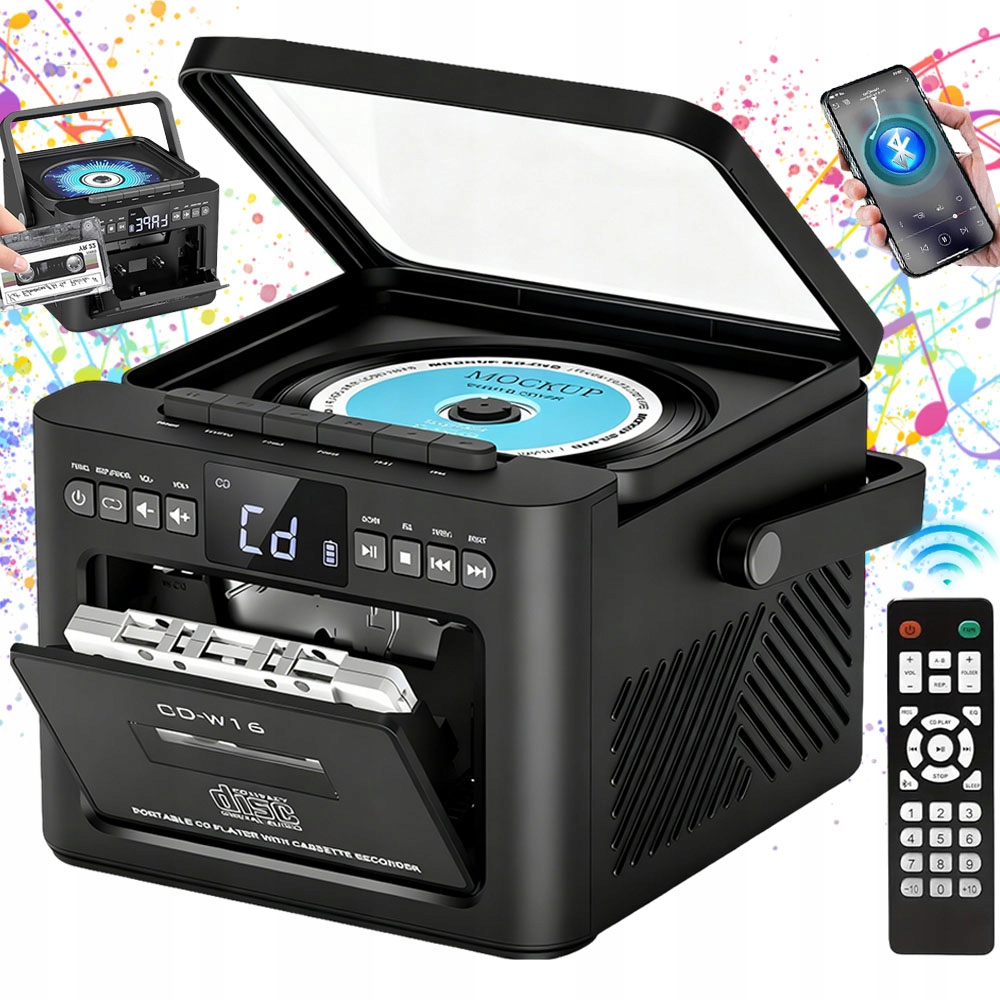 CD Přehrávač, Kazetový Magnetofon, Bluetooth Reproduktor, Černý, Přenosný Dálkový Ovladač