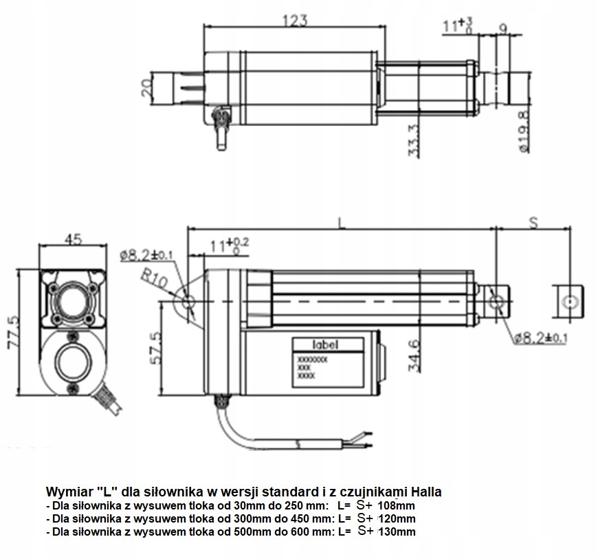 SIŁOWNIK ELEKTRYCZNY 12V 200mm 2000N IP66 Wodoszcz Marka inny