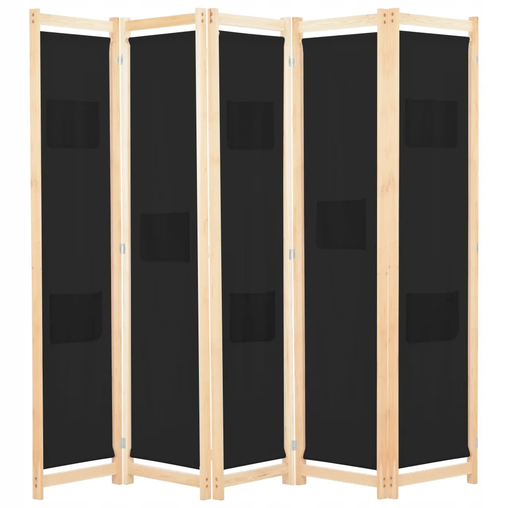 Parawan 5-panelowy, czarny, 200 x 170 x 4 cm, tkan