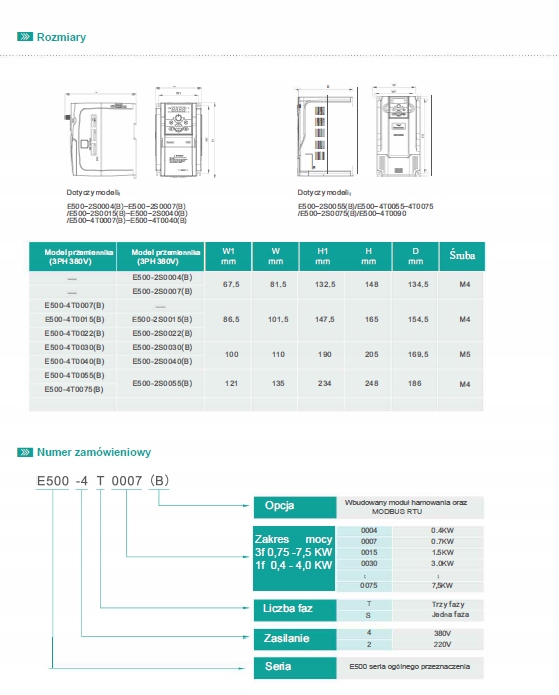 Falownik Simphoenix 4kW 3x400V E500-4T00040B Maksymalna moc 4 kW