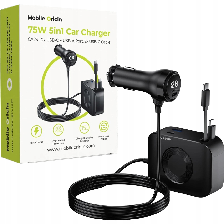 Ładowarka samochodowa, hub na tylne siedzenia Mobile Origin 75W Usb-c mocna