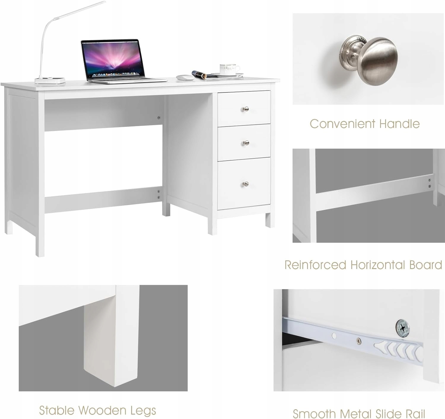 Biurko z 3 szufladami, biurko komputerowe z blatem 120 x 50 cm, (biały) Kolor mebla biały