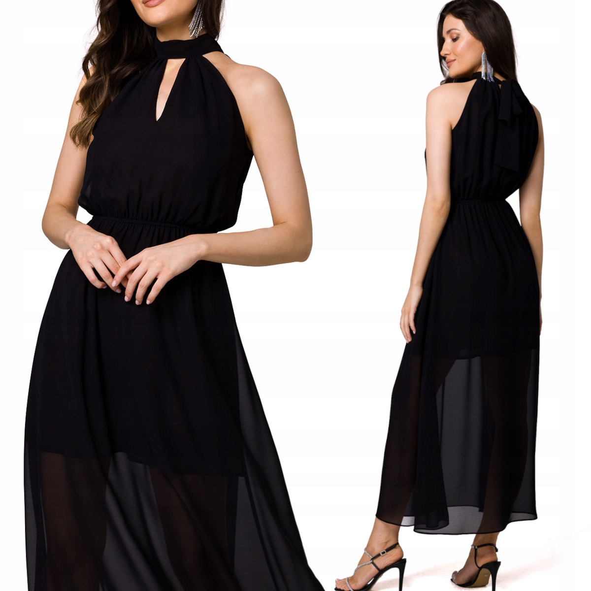 Elegantní Dámské Ženské Šaty Šifonové Maxi Černé 36 S