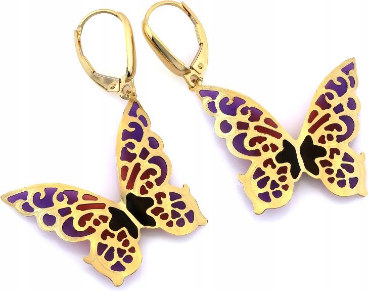 Zlaté visací náušnice s prolamovaným vzorem 585, motiv motýlů, vícebarevné, s anglickým zapínáním