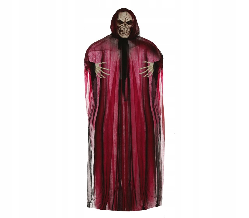 Kostra Kostotrup v červenom závesnom oblečení Halloweenská dekorácia 195 cm