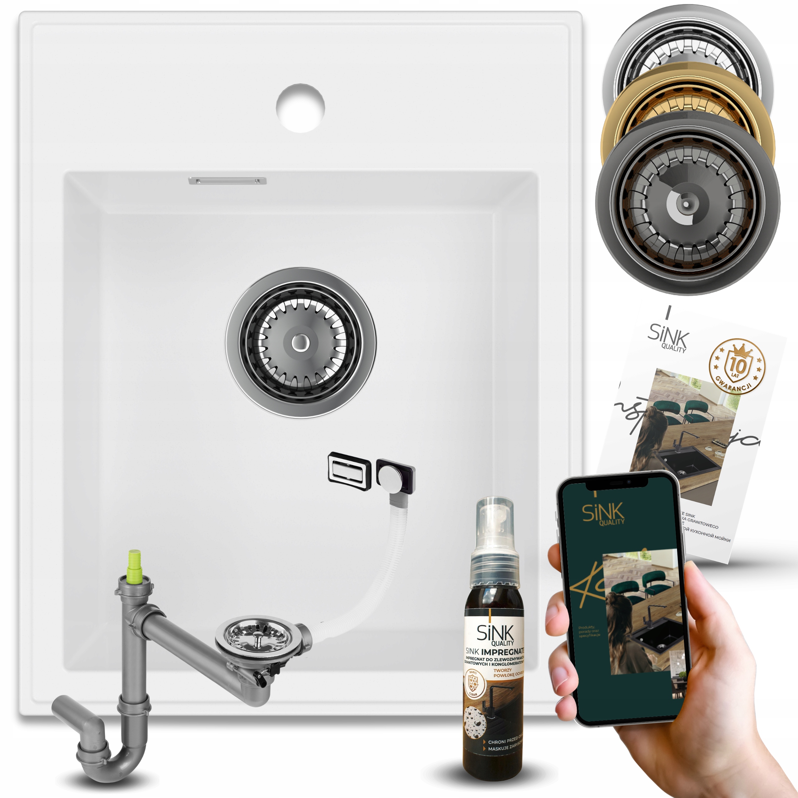 Umývadlo Jednokoromové, Granitový Drez, Biely, Manuálny Sifón Impregnácia