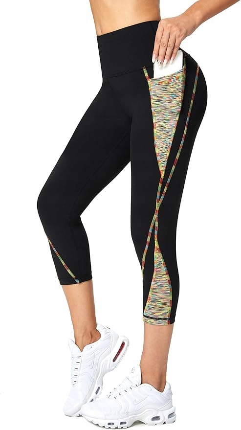 Legginsy wysoki stan Nie Prześwitujące Joga Sport Czarne bok kolor 3/4 L