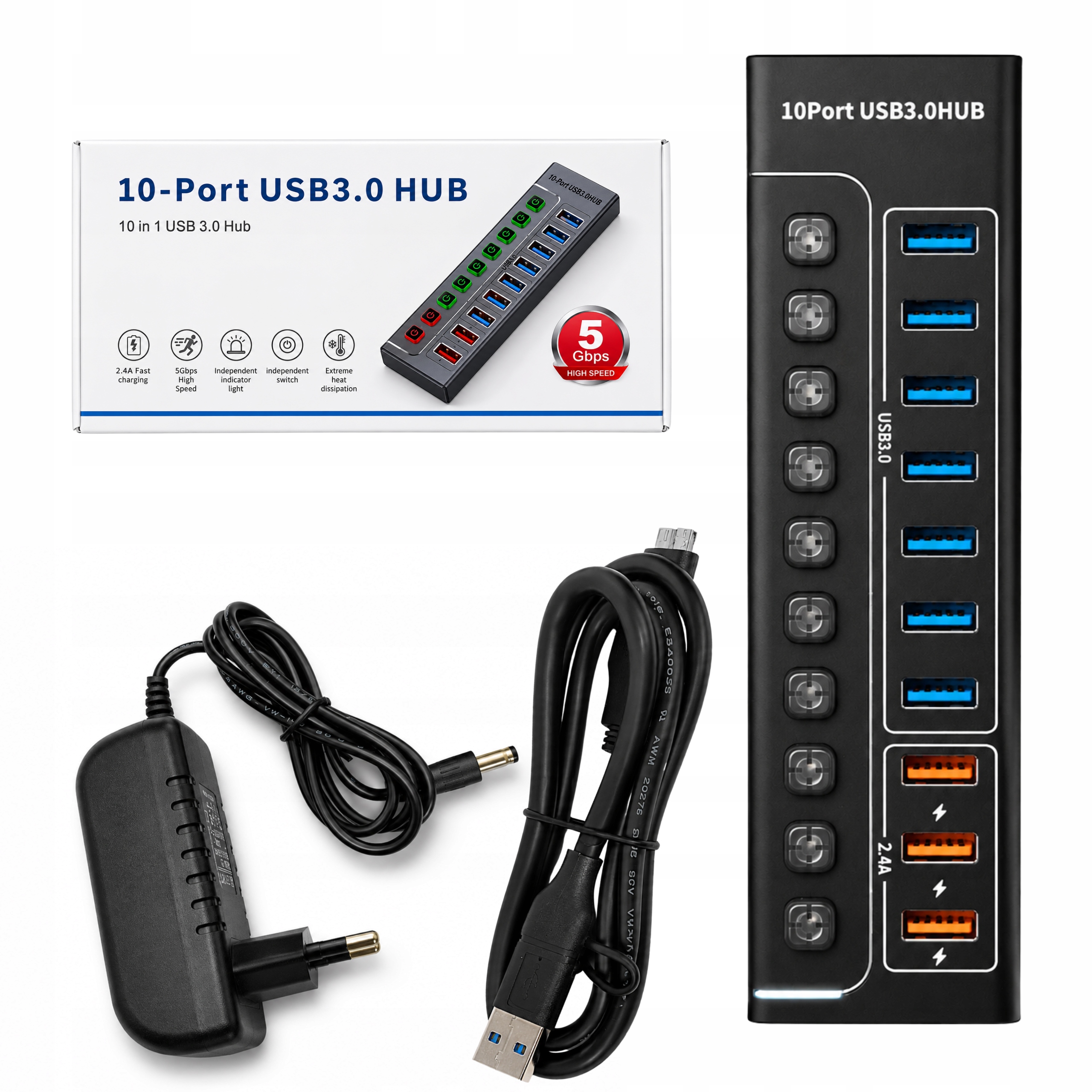 Rozgałęźnik Usb 3.0 Hub 10 Portów Aktywny Zasilacz Przełączniki Fast Charge