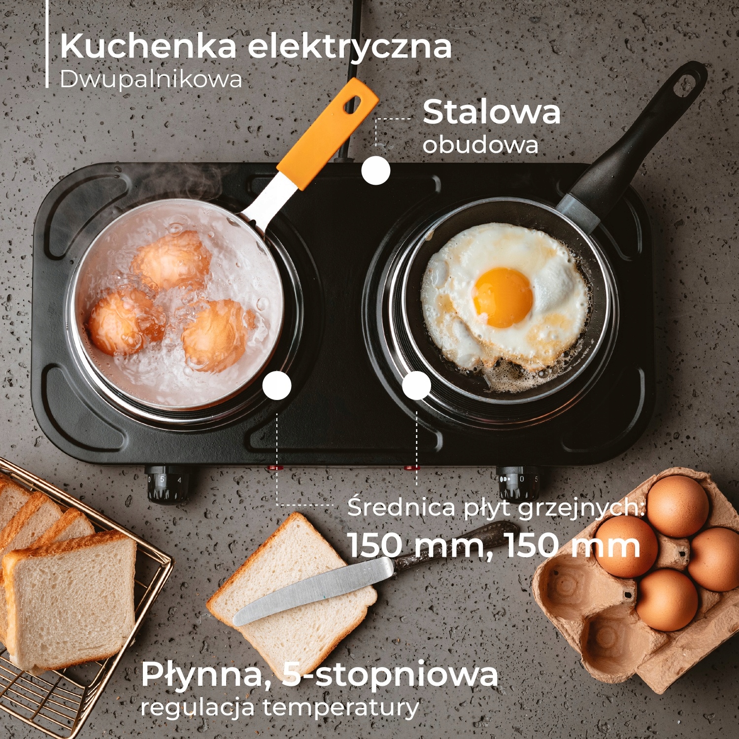 Kuchenka Elektryczna Dwupalnikowa MS 6509 2000W Czarna Stalowa
