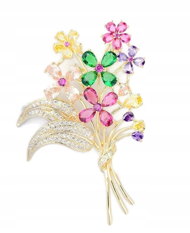 Luxusní Zlatá 18K Gp Brož Květiny Barevná Kytice Krabička Jako Dárek