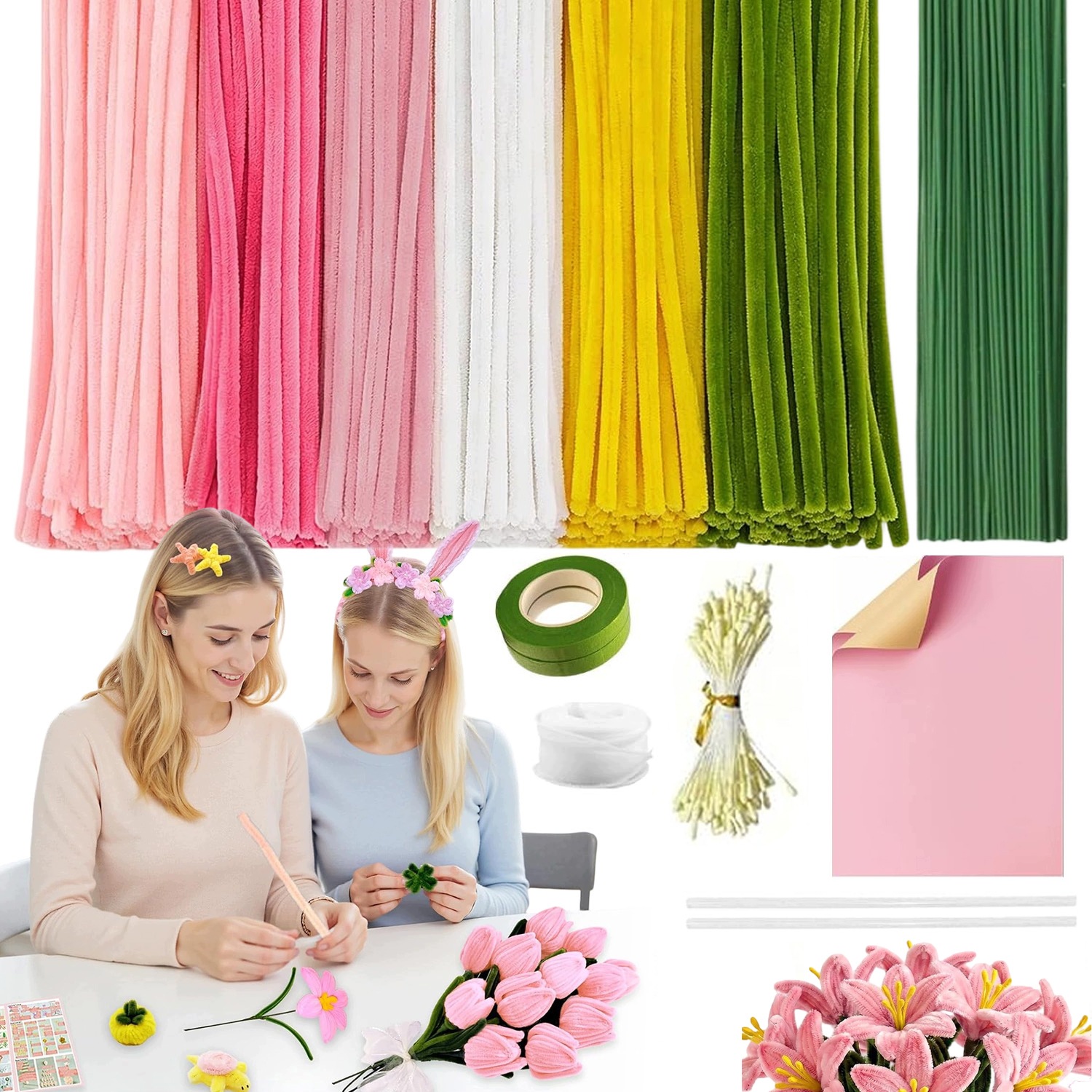 Kreativní Drátky Růžové Sada 440KS Floristické Nadýchané Vytěráky 8MM