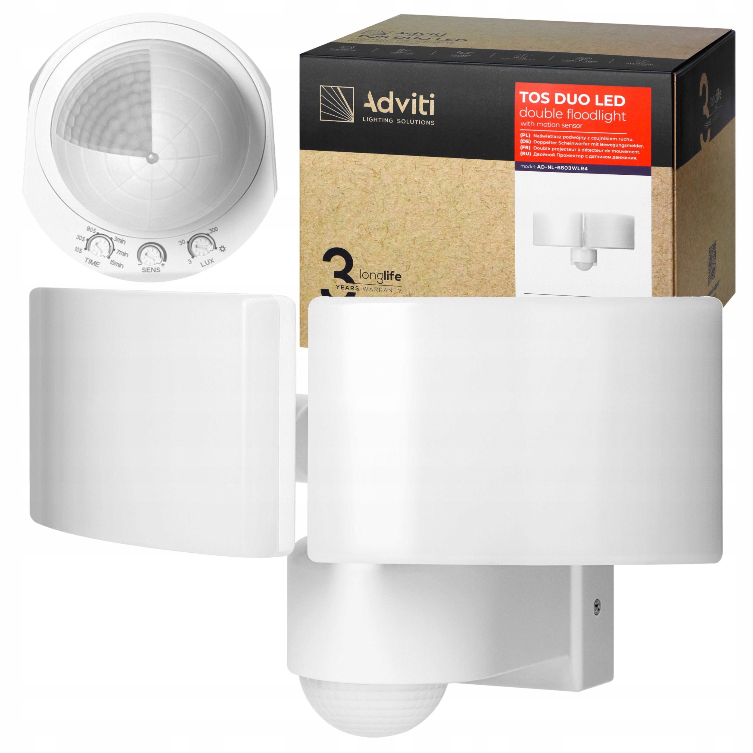 Lampa Zewnętrzna Podwójna Halogen Led 2x20W Czujnik Ruchu Regulacja IP65