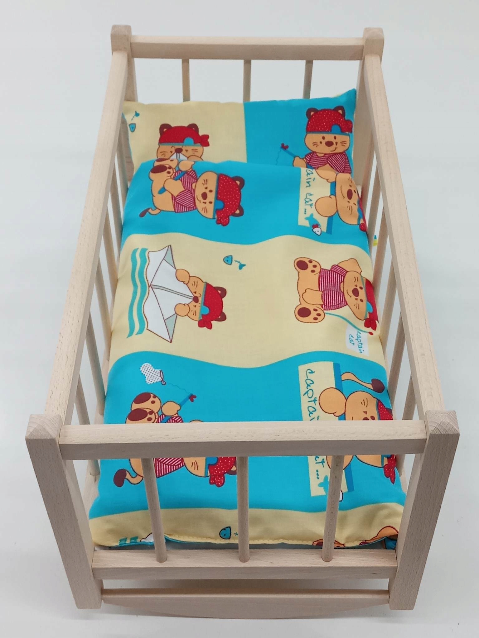 KOŁYSKA dla lalek drewniana + pościel 3 ELEMENTY