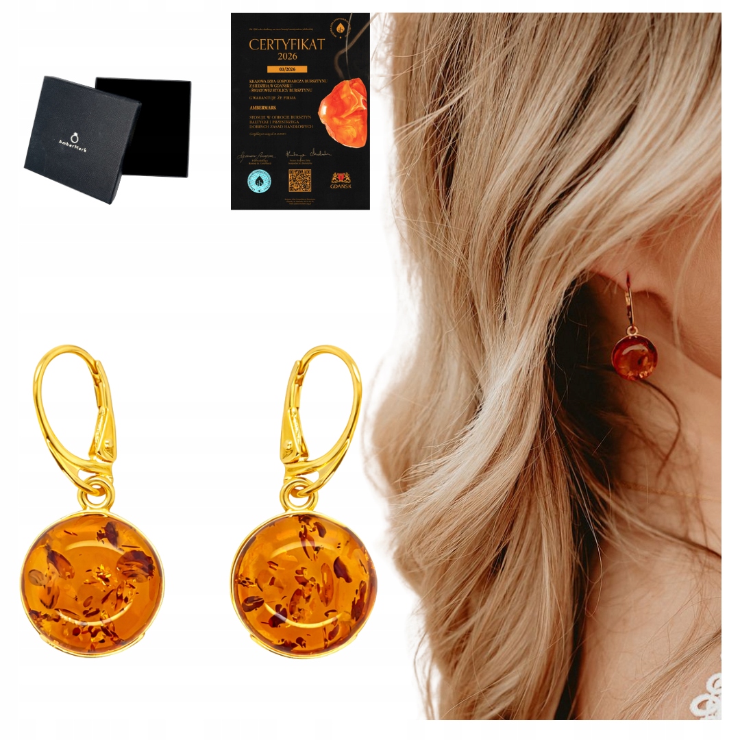 Stříbrné náušnice závěsné 925 pozlacené s baltským jantarem, anglické