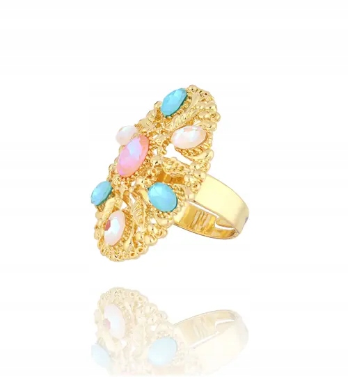 Prstýnek By Dziubeka Letní barevné křišťály mosaz zlatý VEL.17