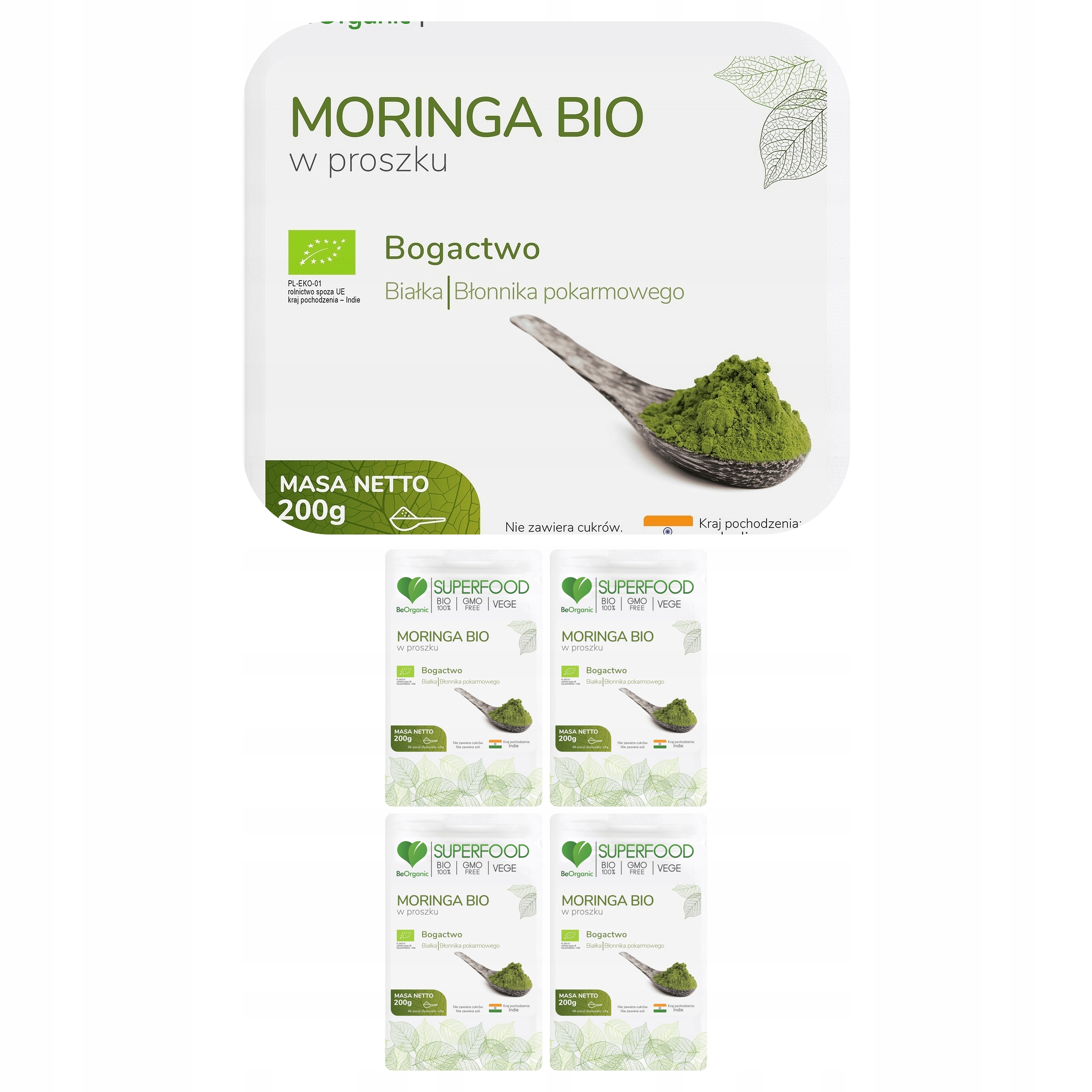 4x Moringa Powder Beorganic Bio 200 g 100% Liść Moringi 66 Porcji Błonnik